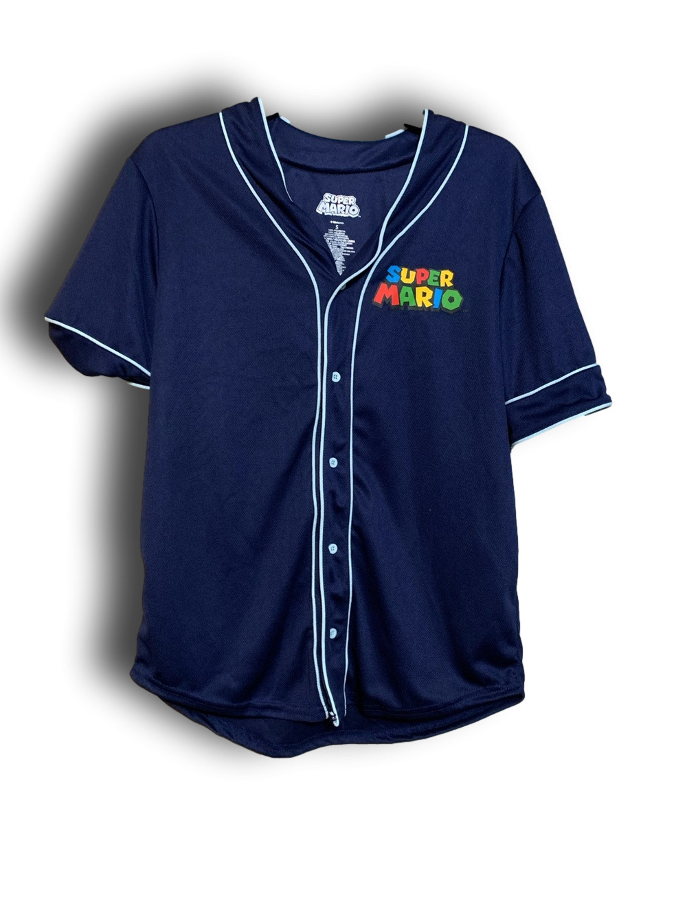 Nintendo Super Mario Navy Mens jersey Shirt with Colorful Logo size small